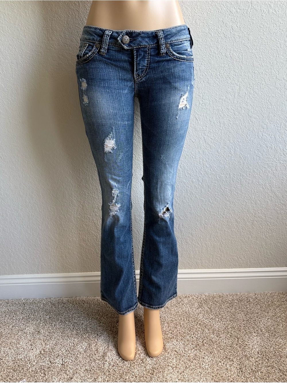 Y2K 2000s Distressed Low Rise Bootcut Silver Jeans Size 27